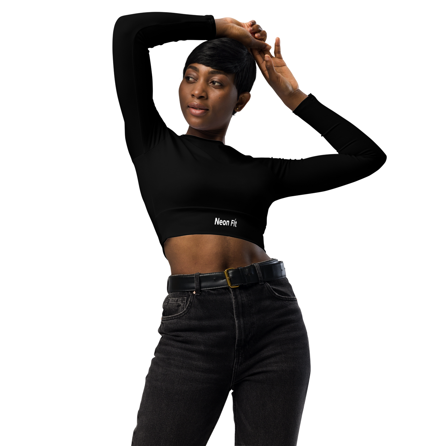 Sustainable Style & Performance: Neon Black Long-Sleeve Crop Top