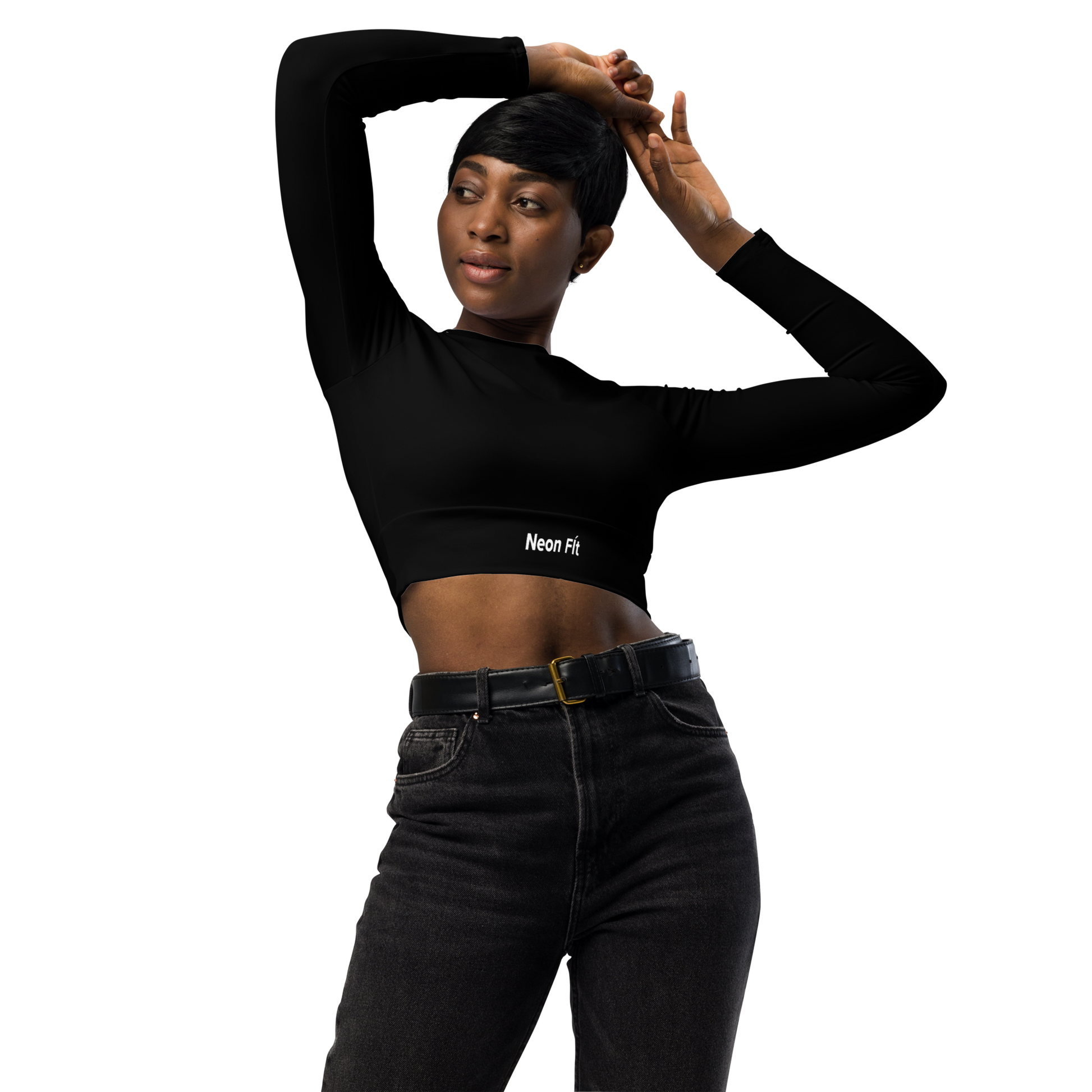 Sustainable Style & Performance: Neon Black Long-Sleeve Crop Top