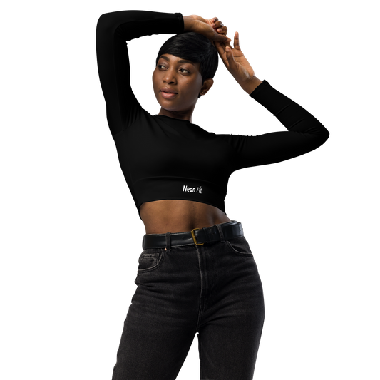 Sustainable Style & Performance: Neon Black Long-Sleeve Crop Top